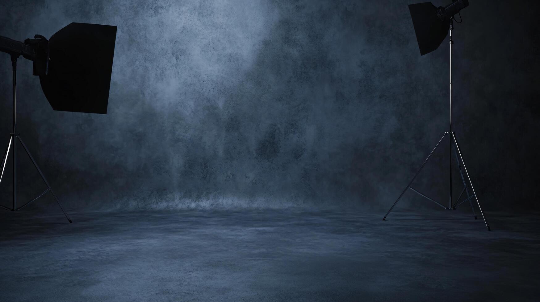 A dark room with two lighting stands and a camera photo