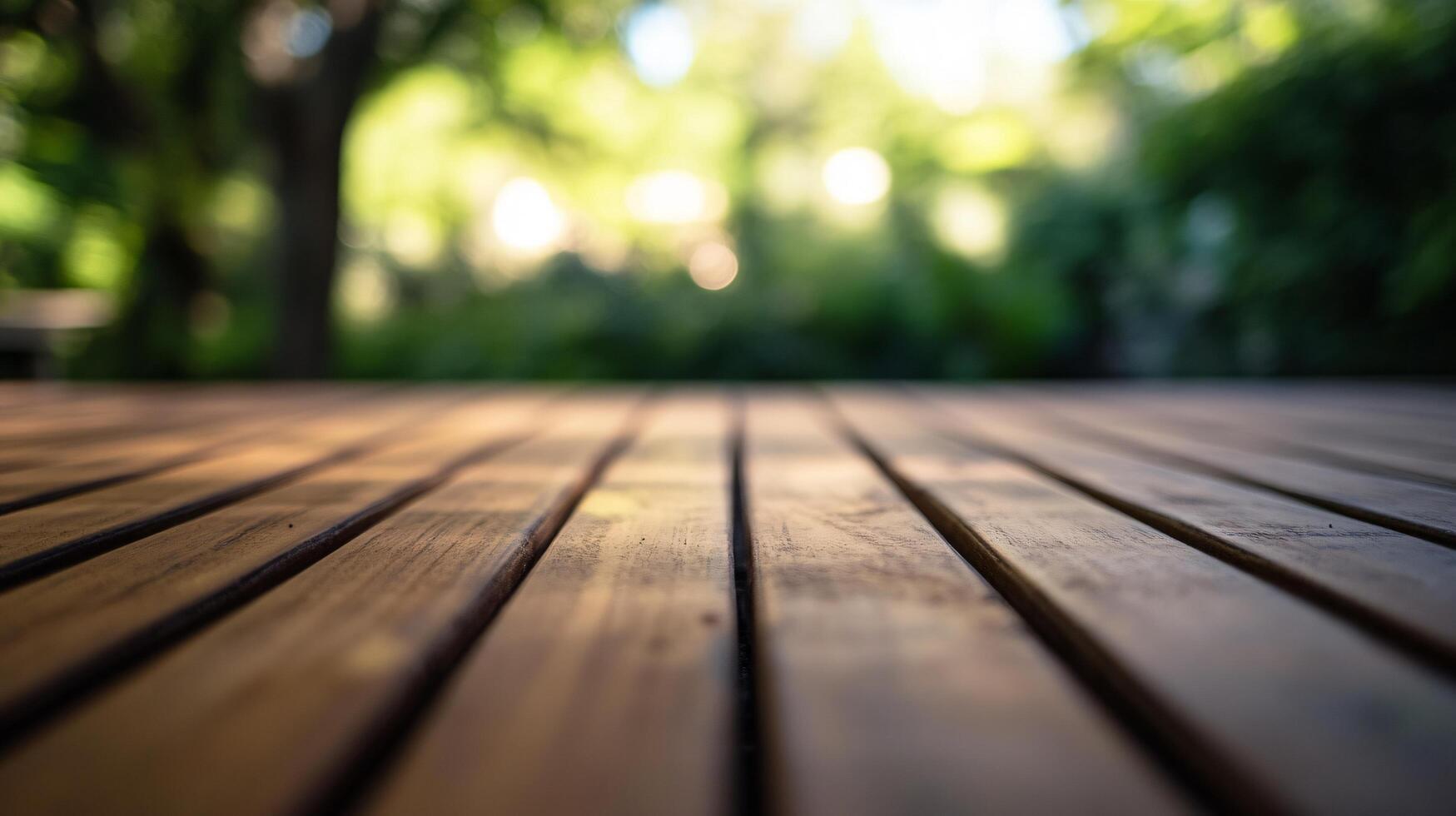 A wooden deck with a view of trees and a bright sunny day photo