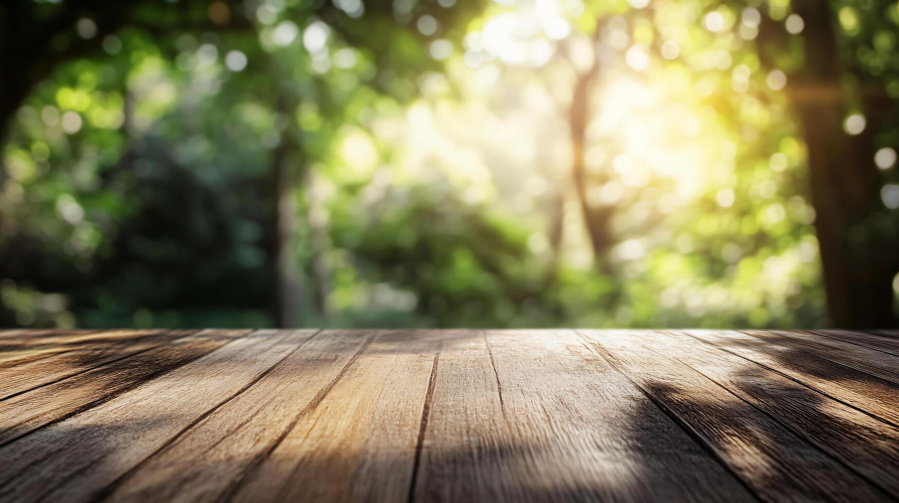 A wooden table with a view of trees and a bright sun photo