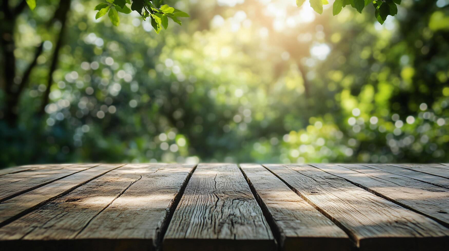A wooden table with a view of trees and a bright sun photo
