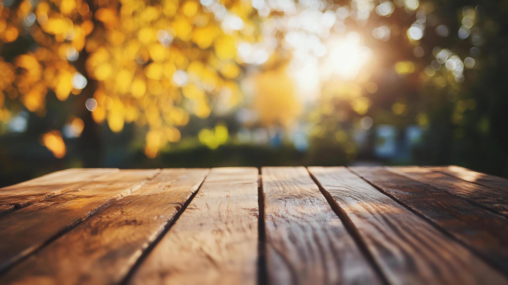 A wooden table with a view of trees and leaves photo