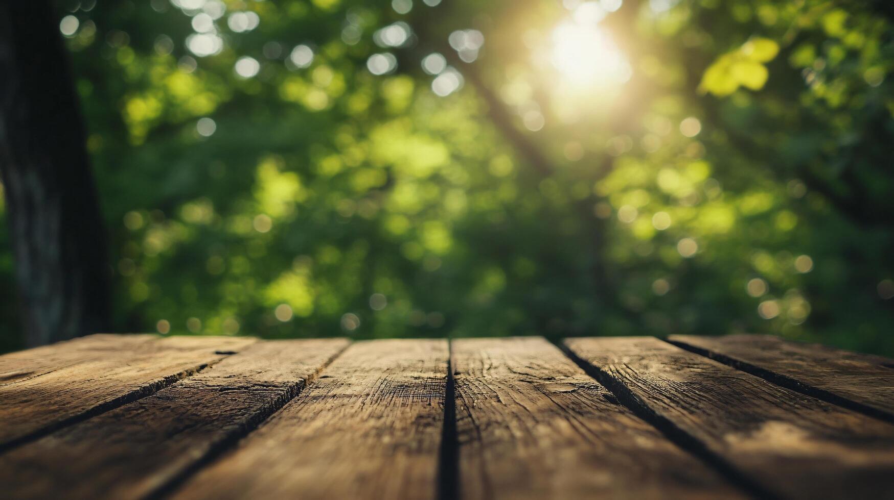 A wooden table with a view of trees and a bright sun photo