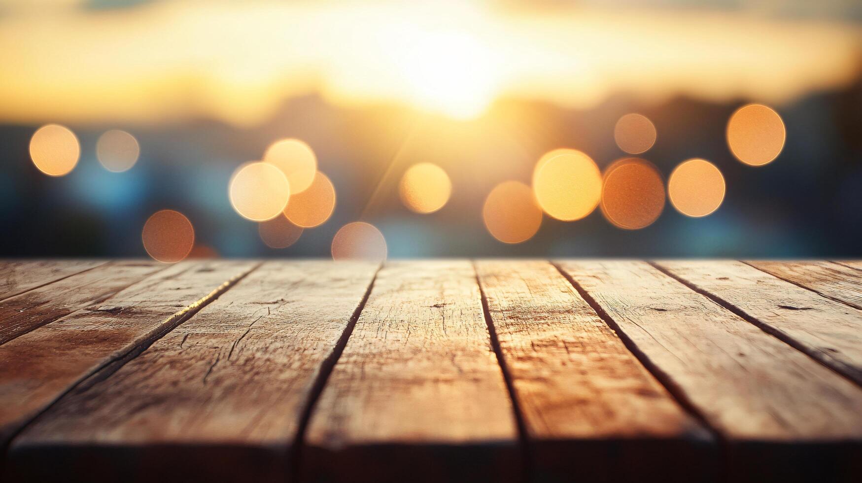 A wooden table with a view of the sun setting photo