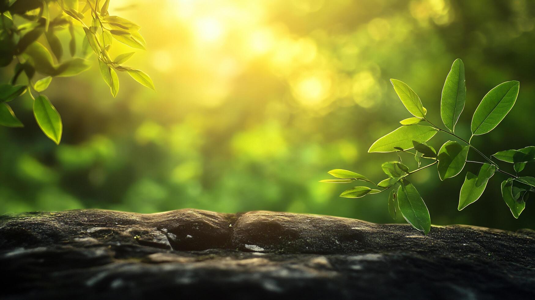 A lush green forest with a tree in the foreground photo