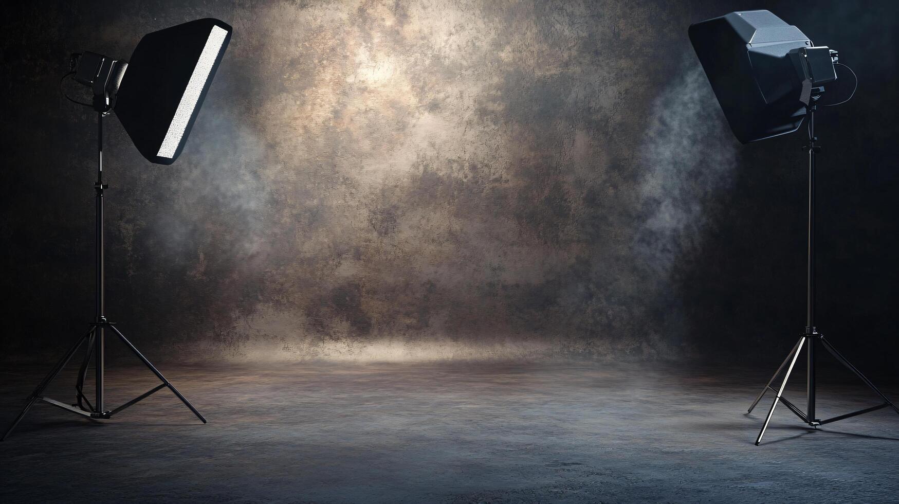 Two lighting fixtures are set up in front of a wall photo