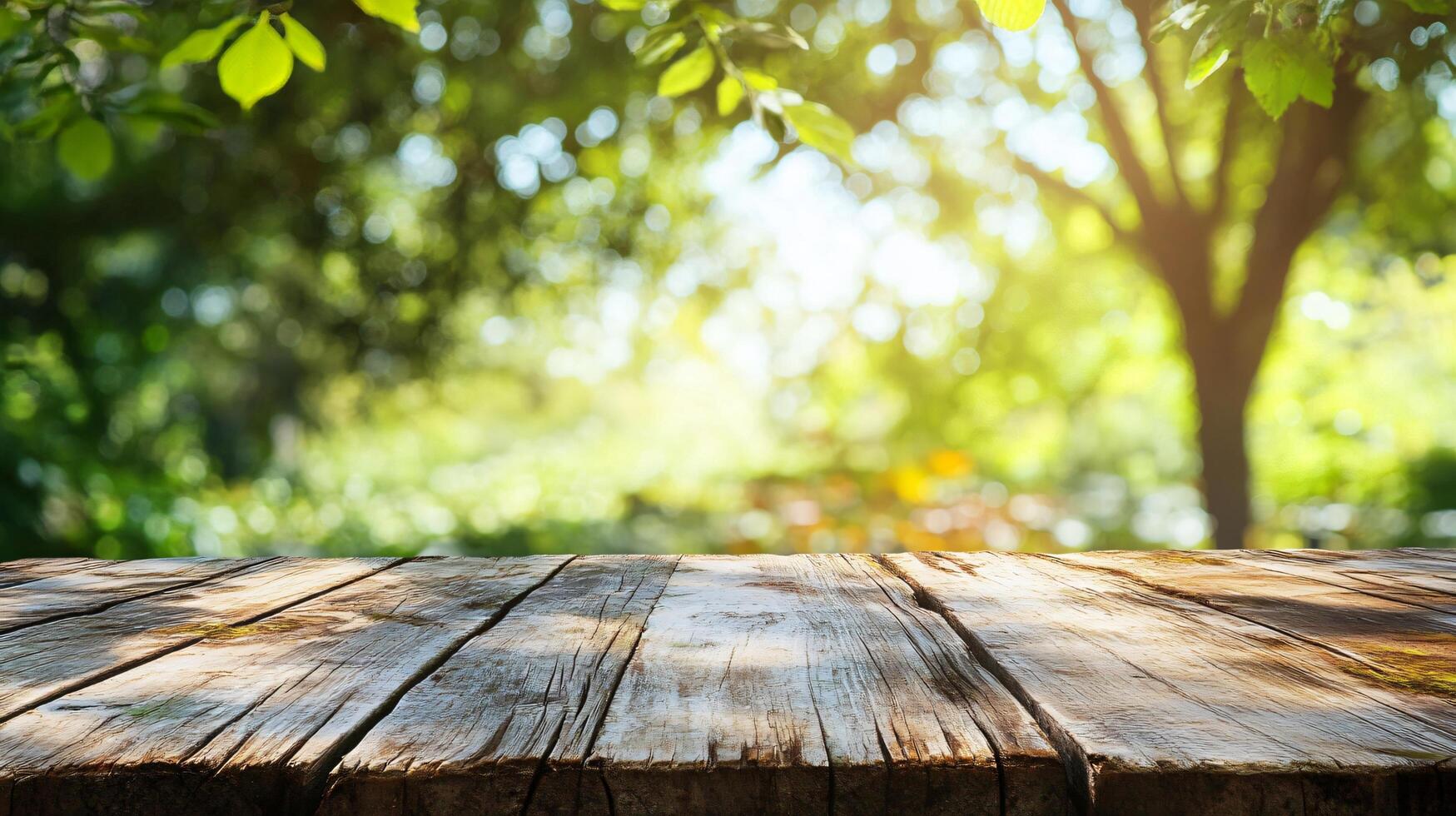 A wooden table with a view of trees and a bright blue sky photo