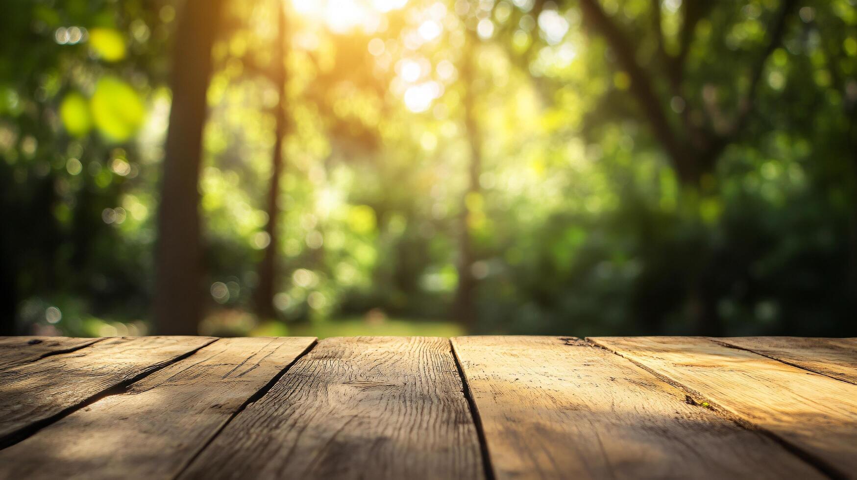 A wooden table with a view of a forest photo