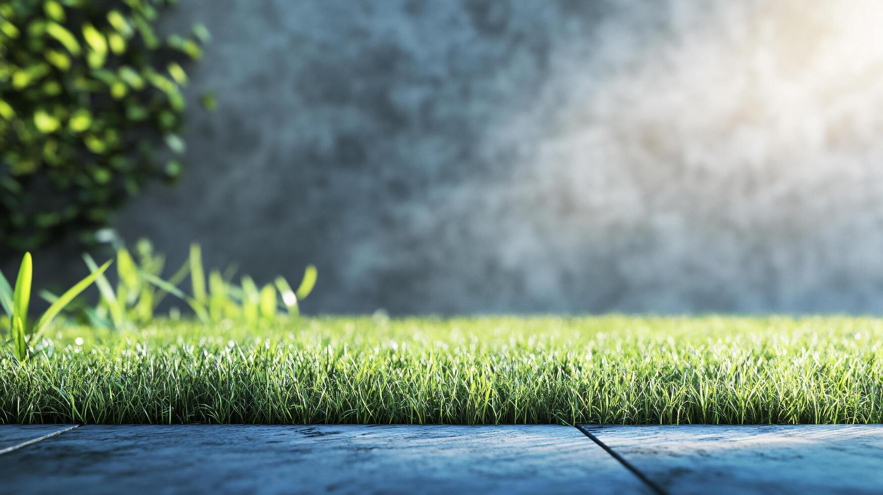 A grassy area with a brick walkway and a tree in the background photo
