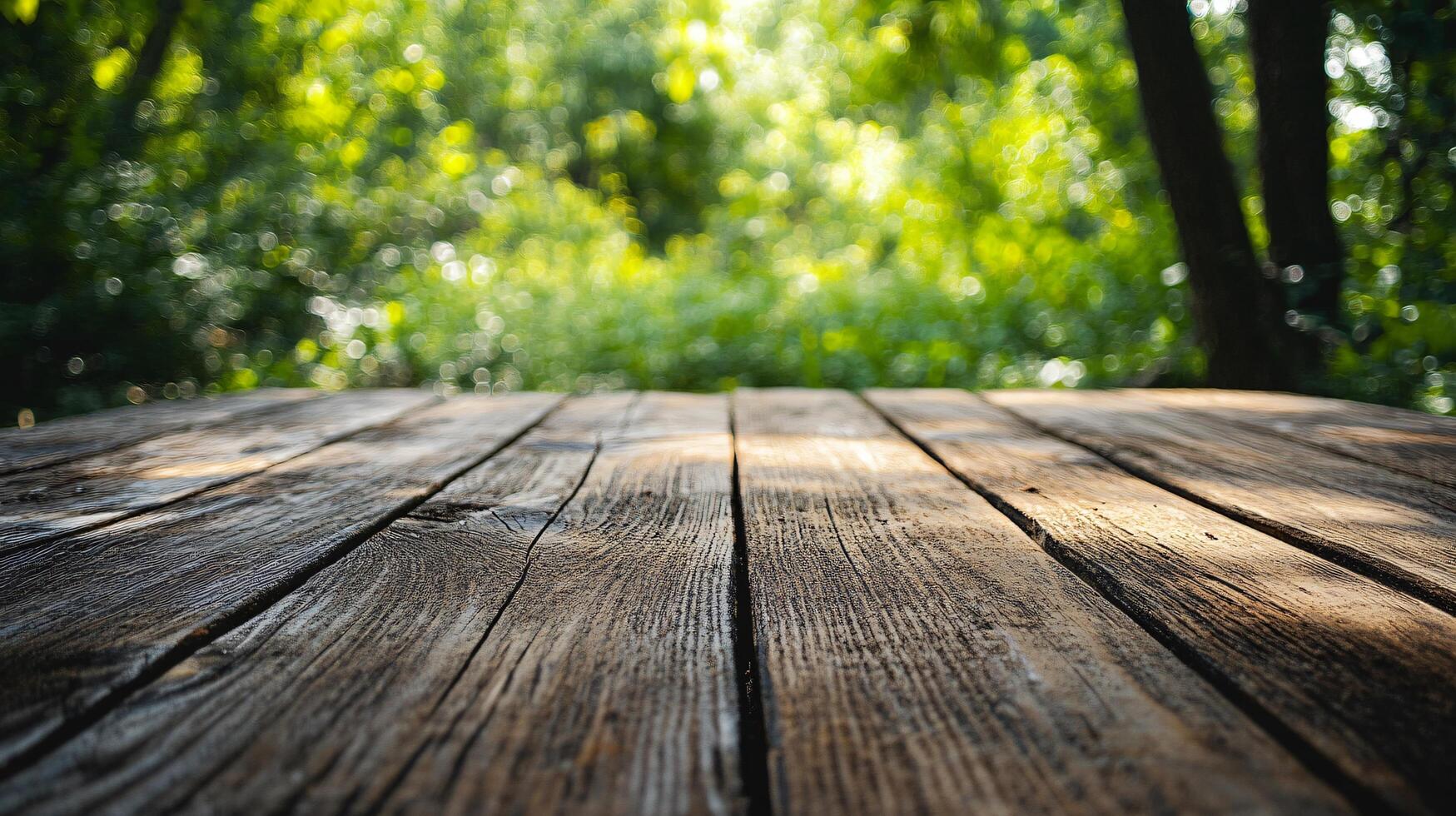 A wooden table with a view of trees and a bright sunny day photo