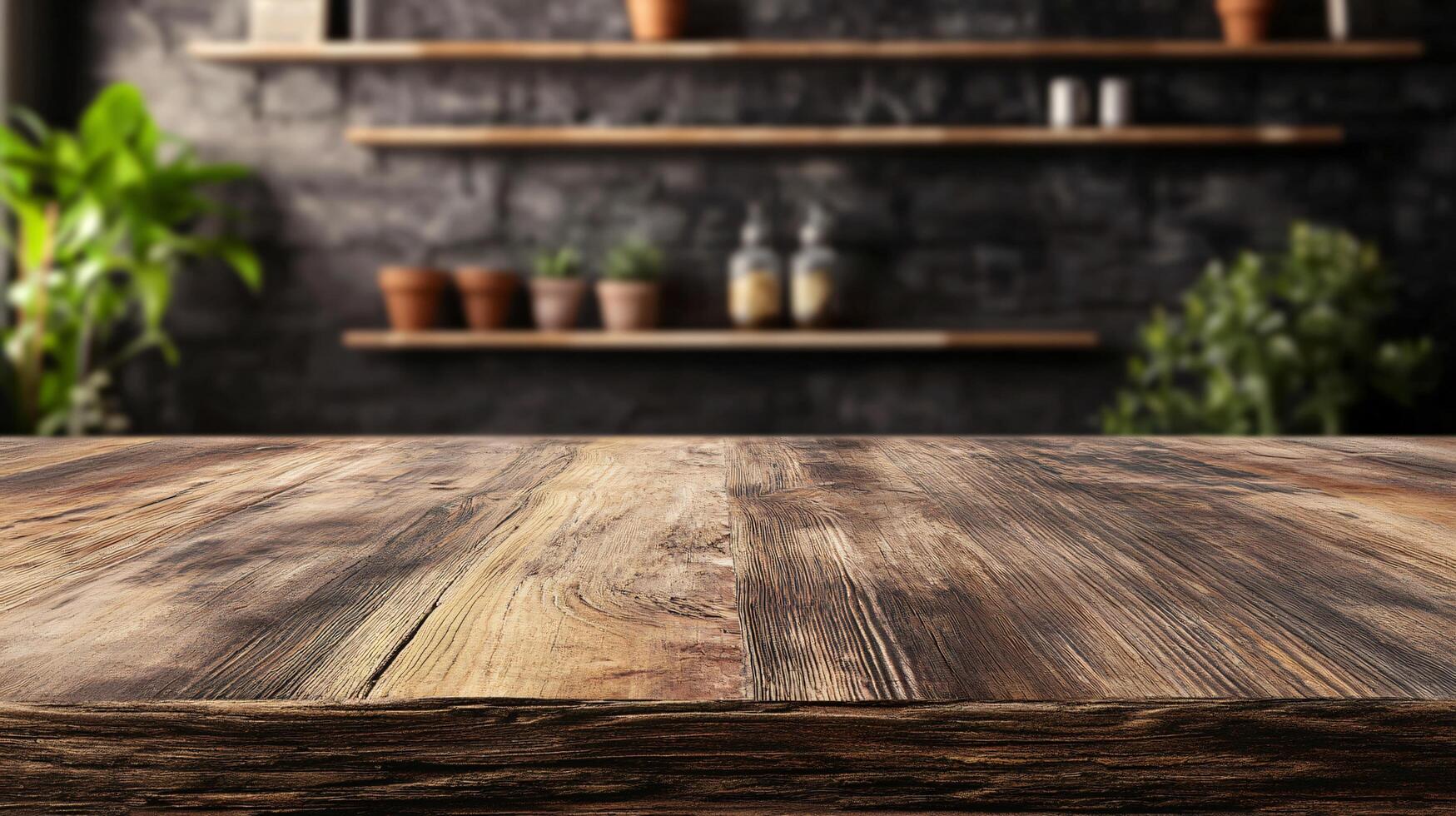 A wooden table with a shelf above it and a plant on the left side photo