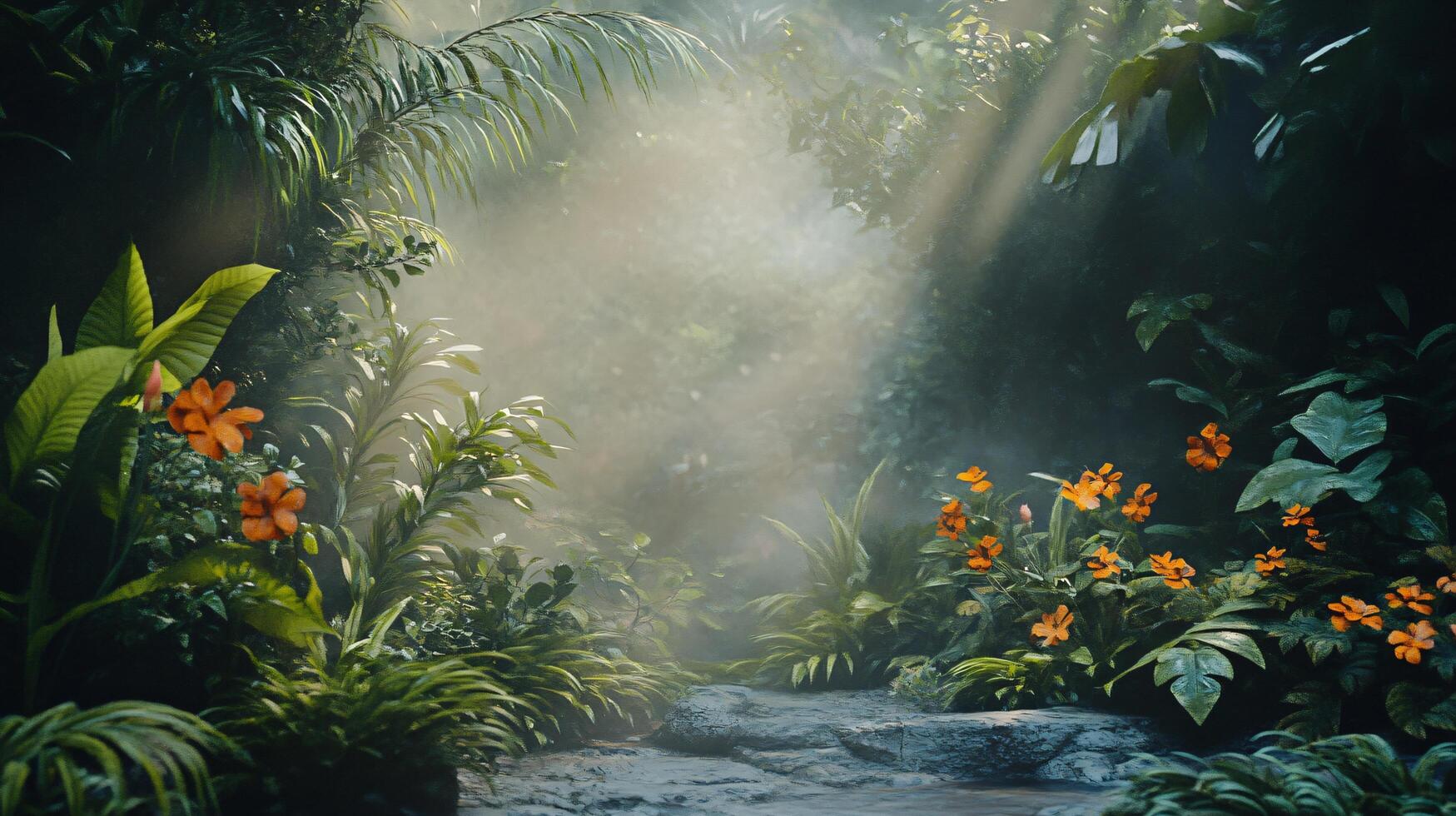 A lush jungle with a path leading through it photo