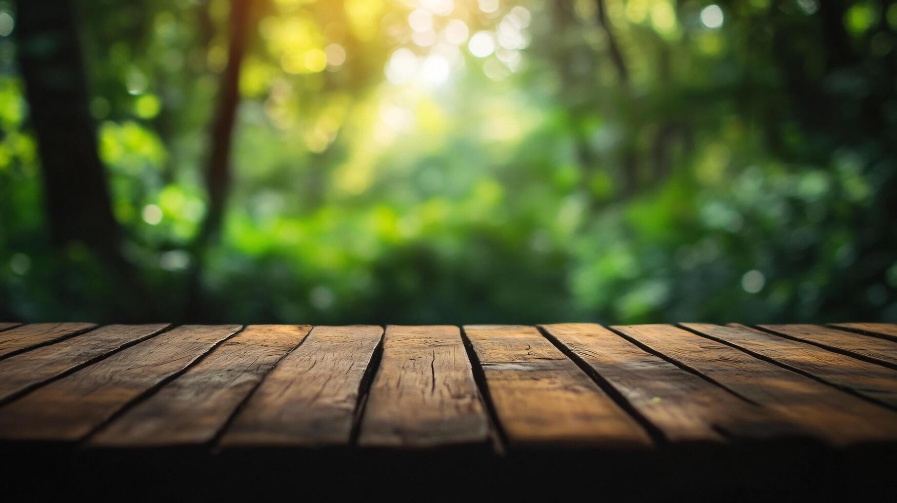 A wooden table with a view of a forest photo