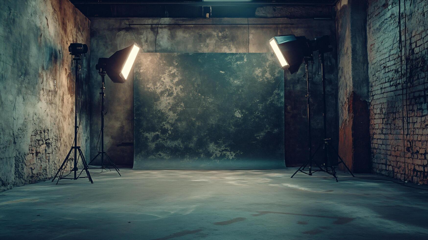 A dark room with two lights on a wall photo