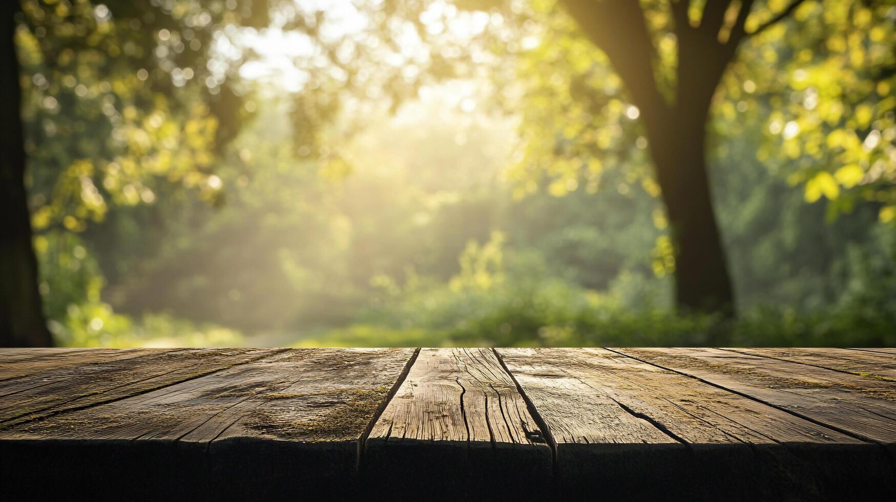 A wooden table with a view of trees and a bright sun photo
