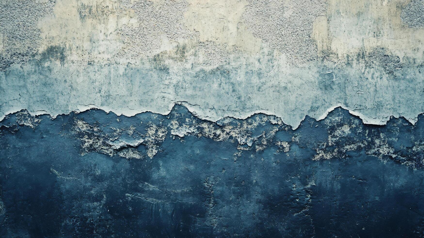 A blue and white wall with a mountain range in the background photo
