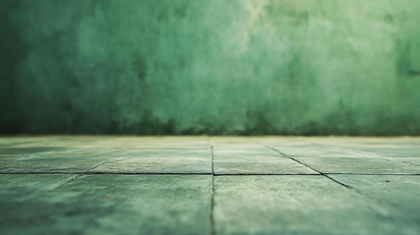 A green wall with a grey floor photo