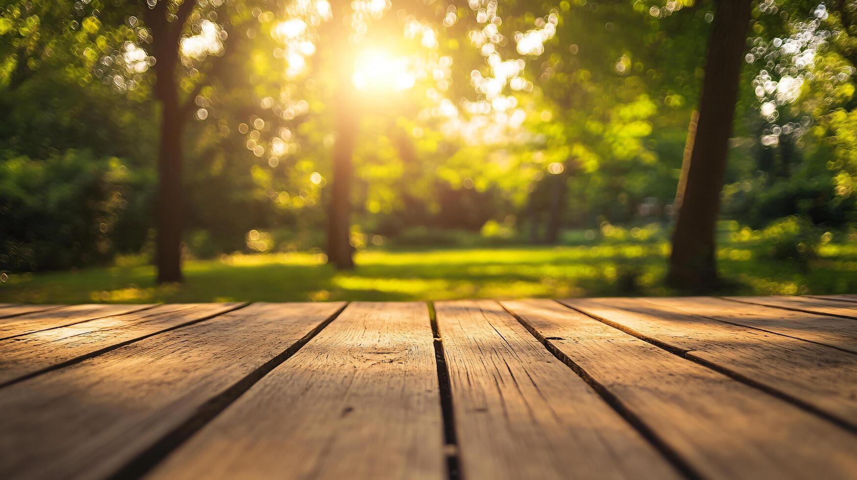 A wooden table with a view of trees and a bright sun photo