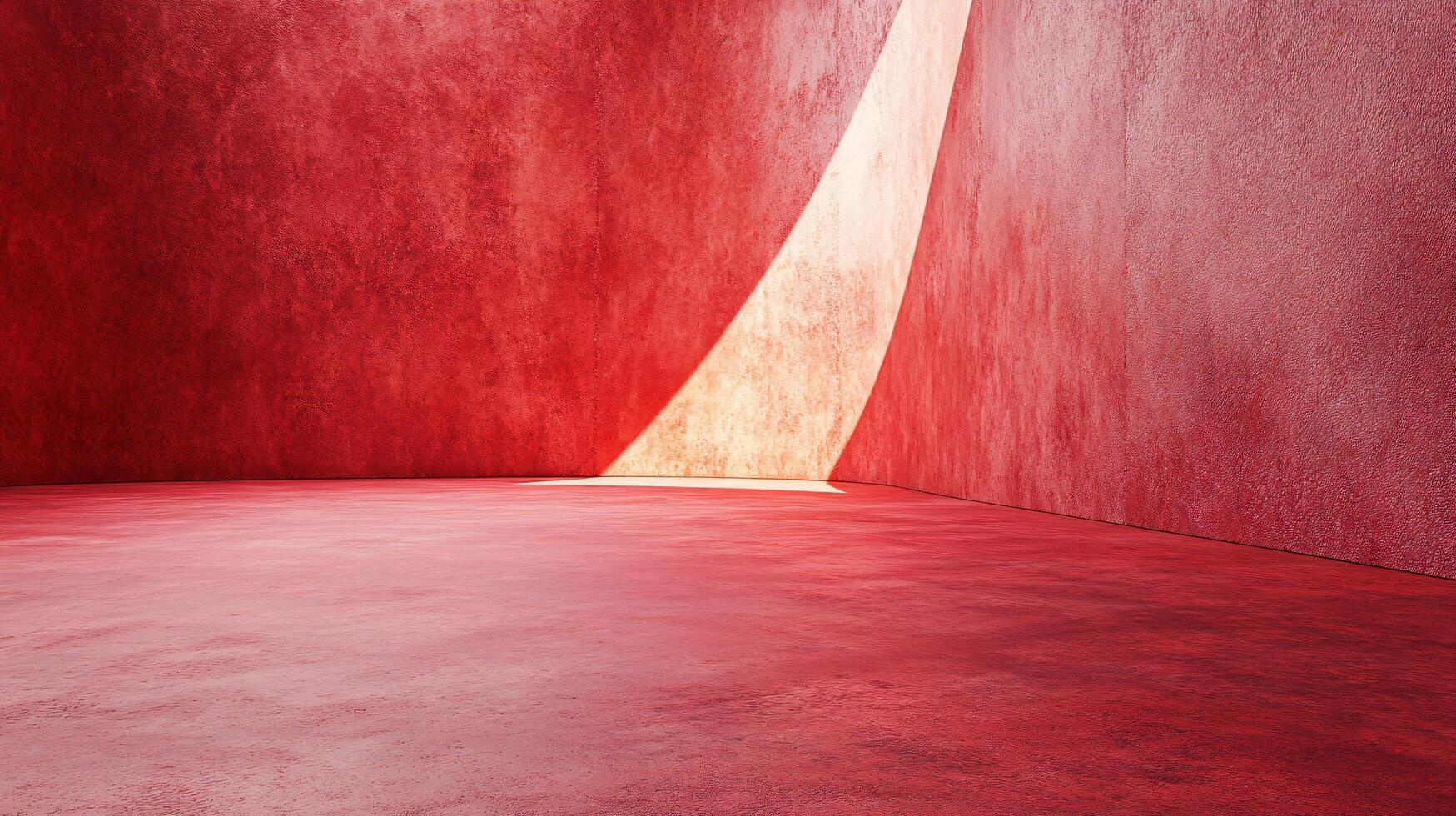 A red room with a wall that has a curved line photo