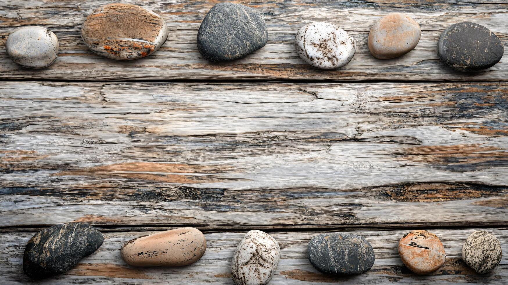 A wooden surface with a row of rocks on it photo