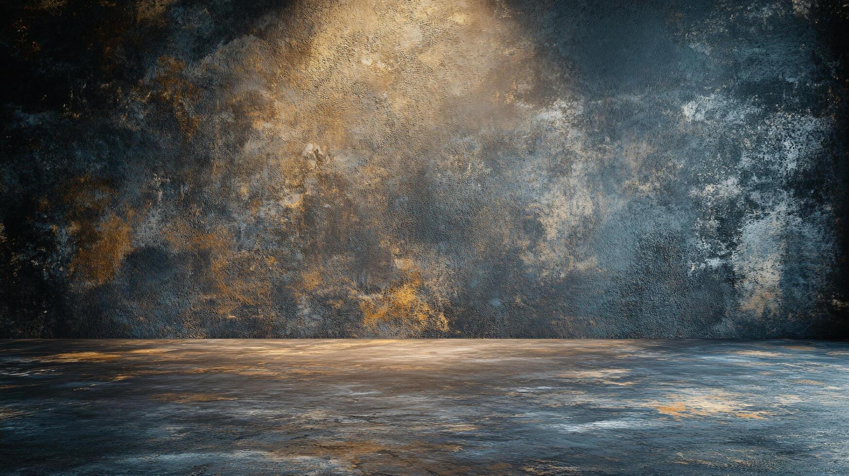 A large, empty room with a wall that is covered in a pattern of brown and gold photo