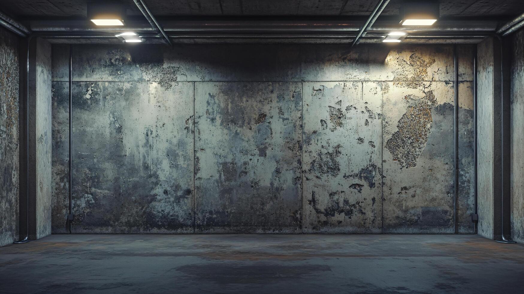 A large, empty room with a wall that is covered in graffiti photo