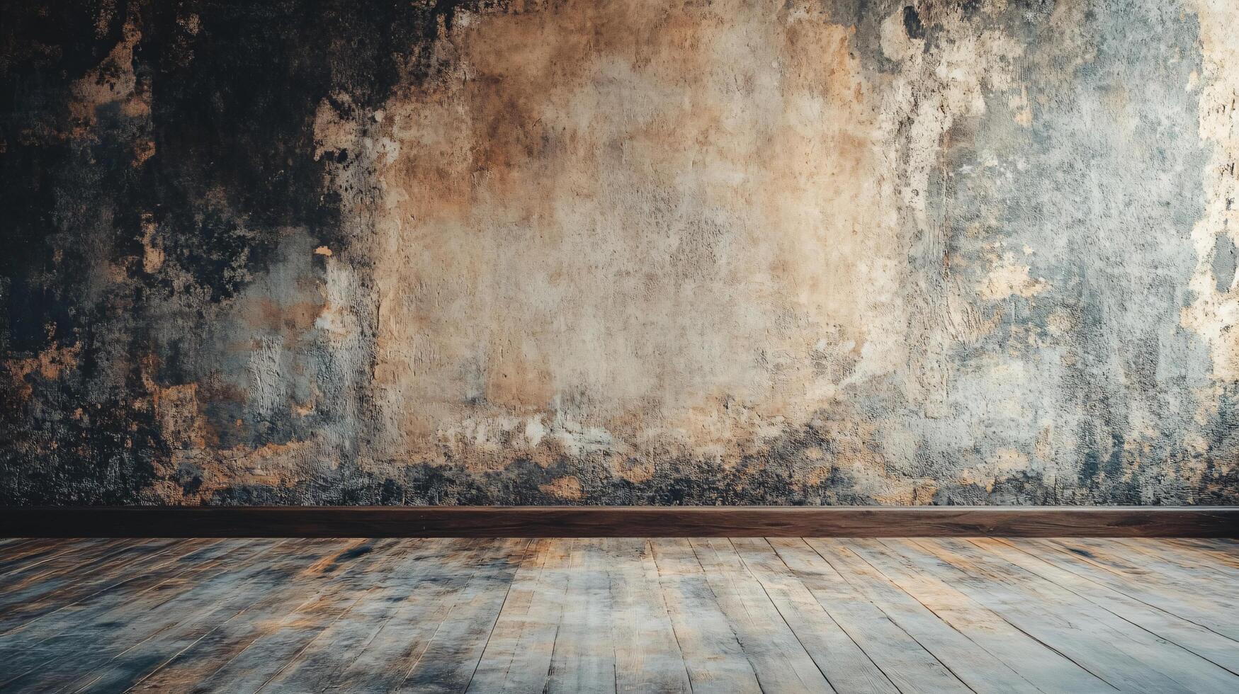 A large, empty room with a wall that is covered in graffiti photo