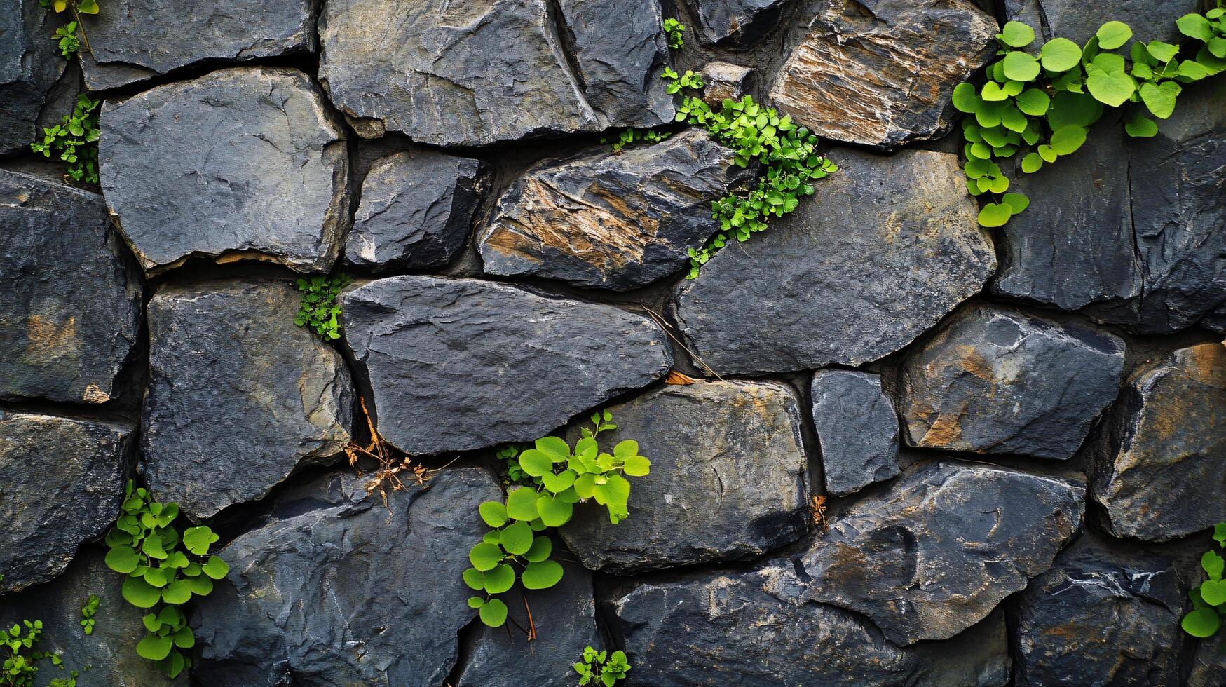 A wall made of stone with green plants growing on it photo