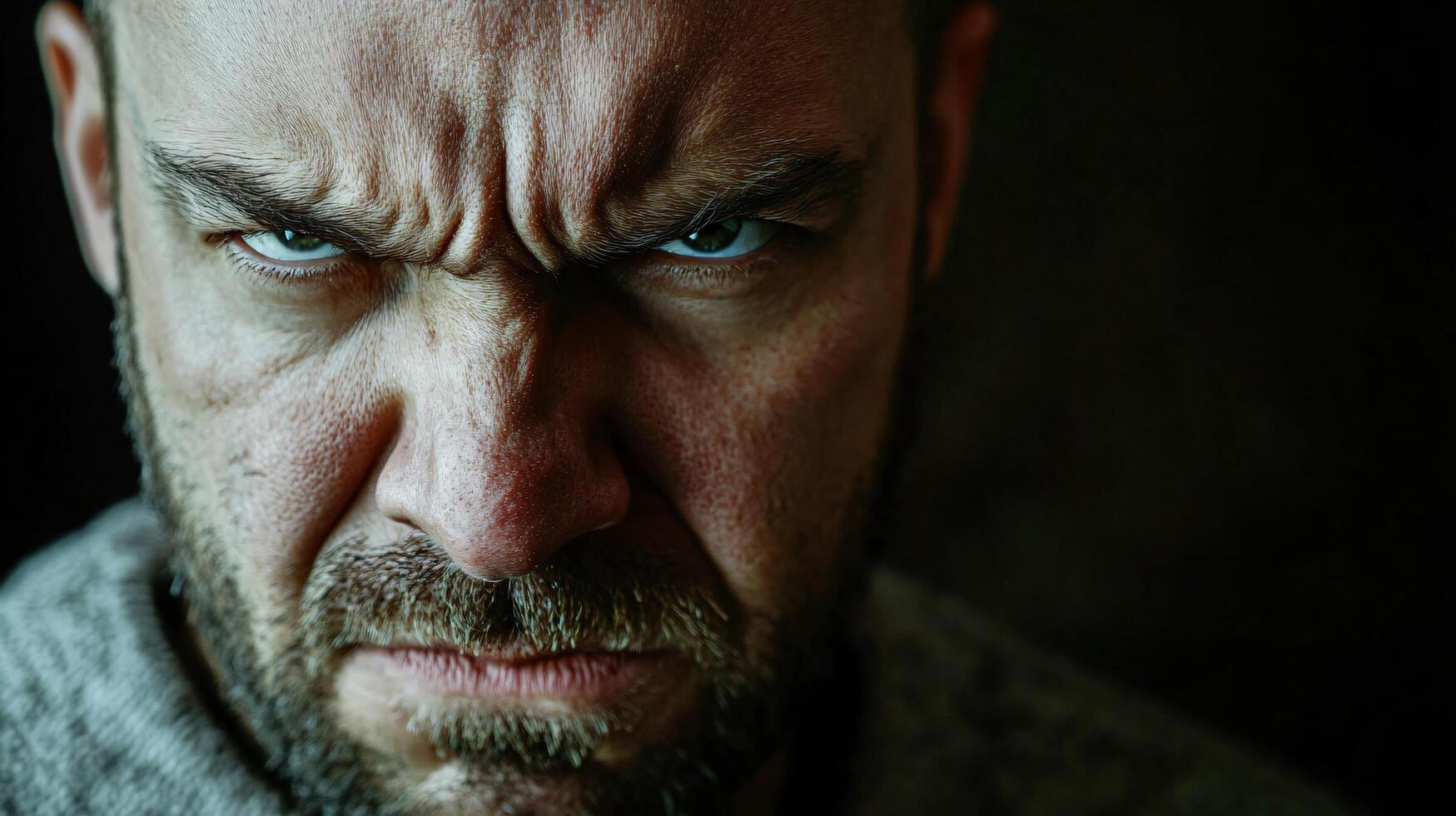 A man with a scowl on his face and a blue eye photo