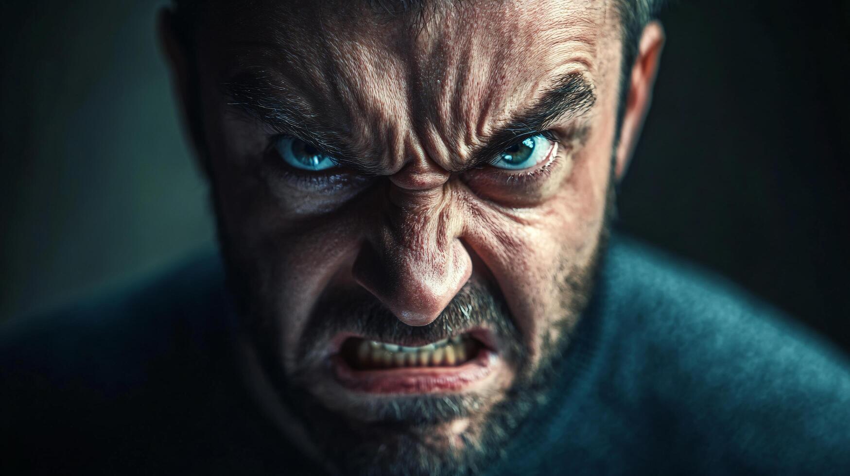 A man with a scowl on his face and a blue eye photo