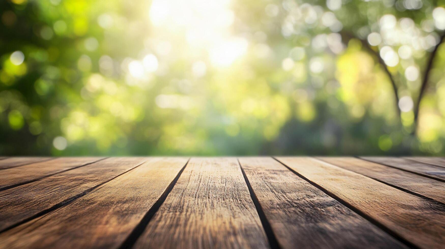 A wooden table with a view of trees and a bright sun photo