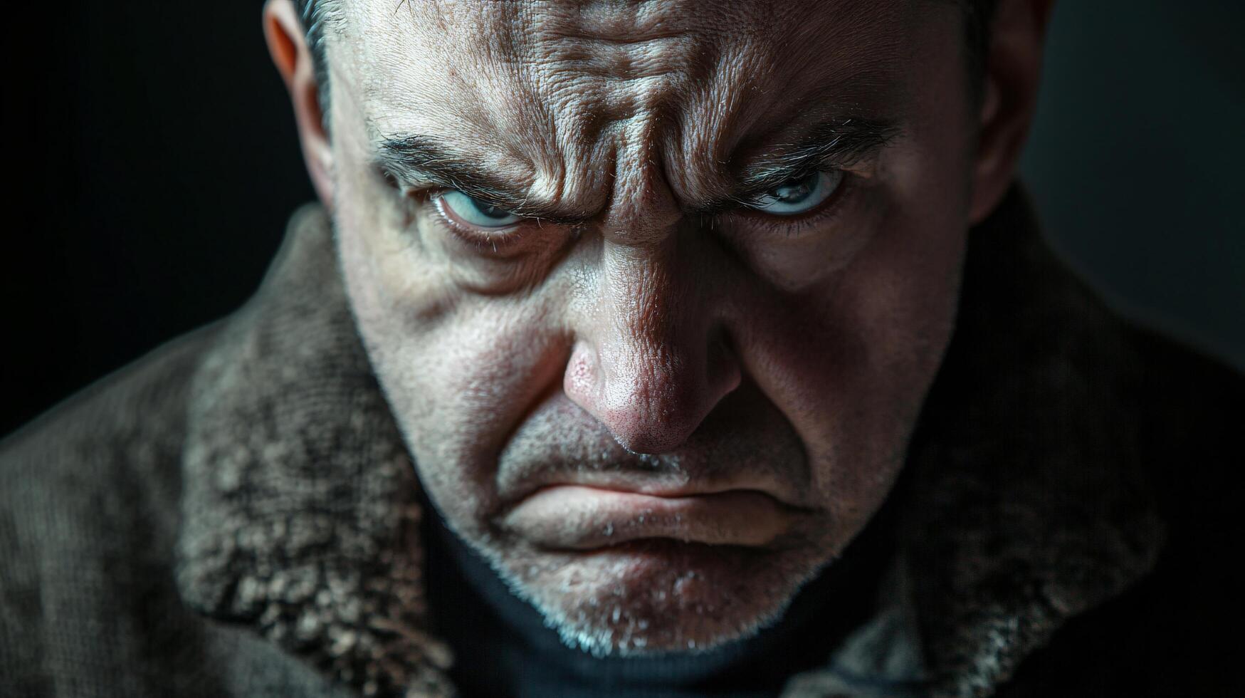 A man with a scowl on his face and a fur coat photo