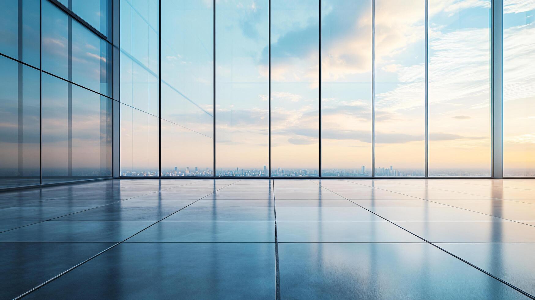 A large, empty room with a view of the city photo