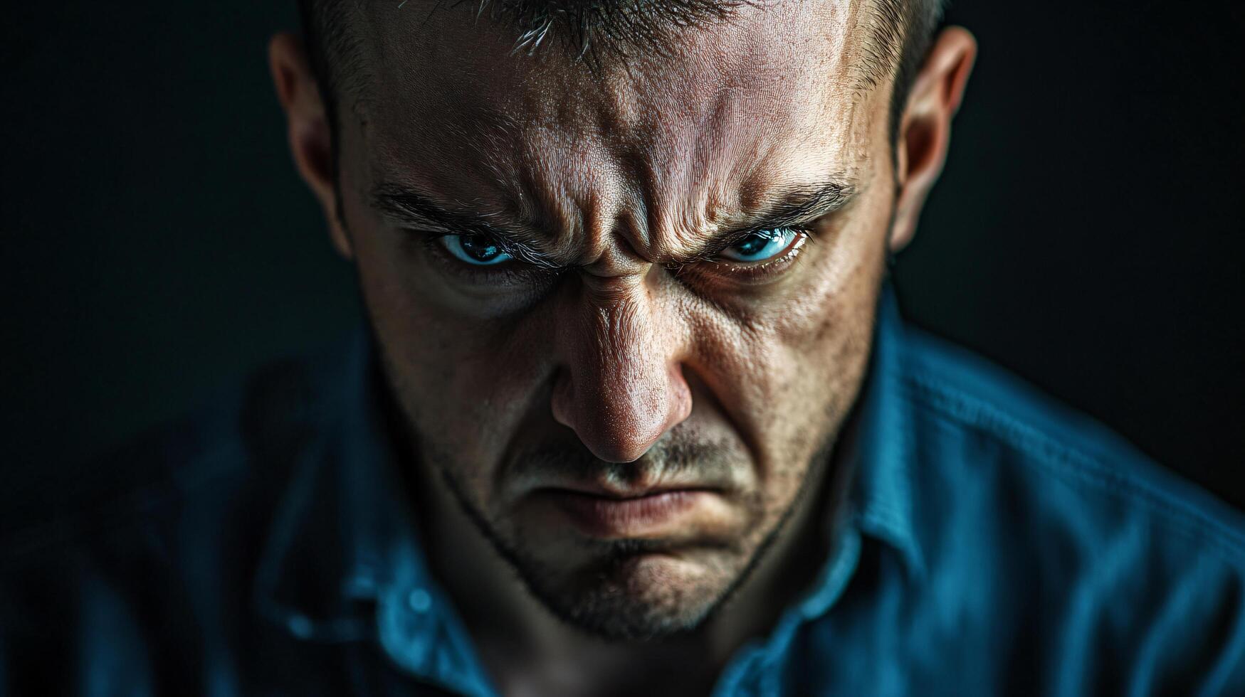 A man with a blue shirt and a frowning face photo
