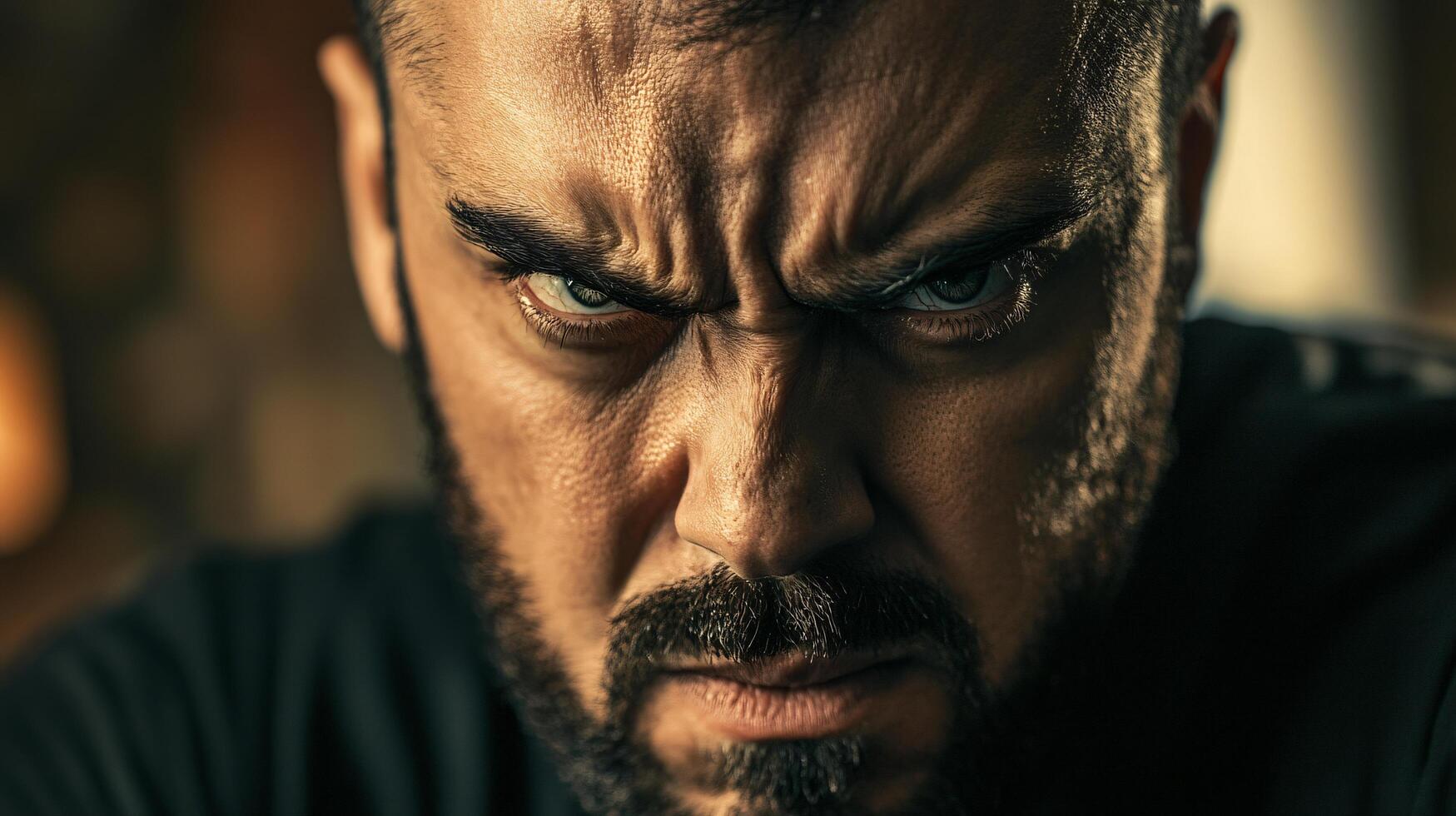 A man with a beard and a black shirt is looking angry photo