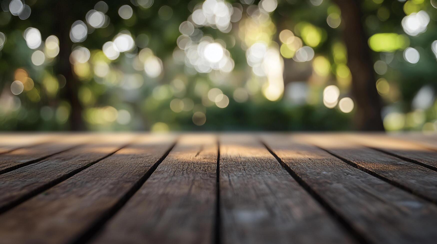 A wooden table with a view of trees and a bright sun photo