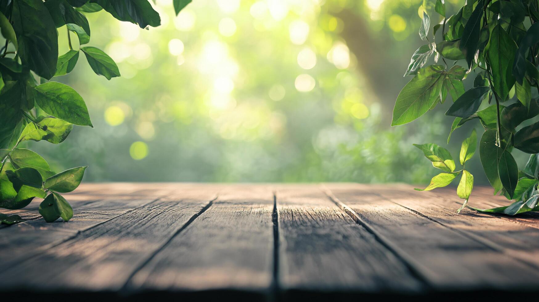 A wooden table with a view of a lush green forest photo