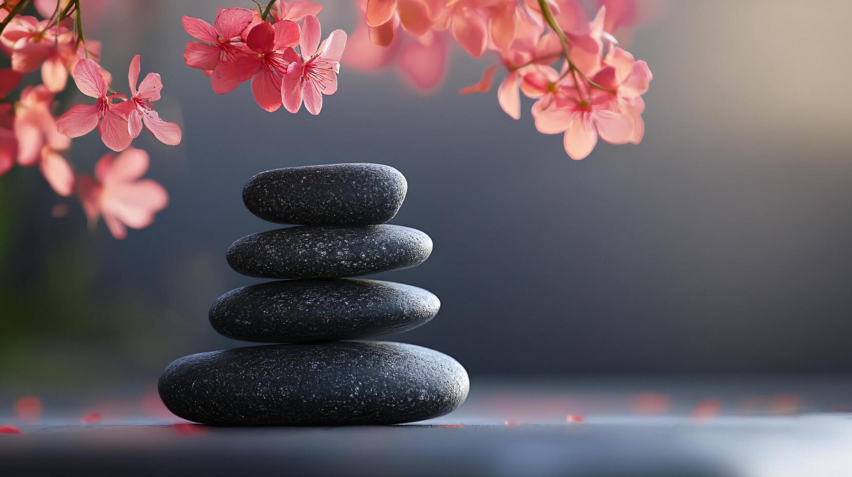 A stack of black stones is placed on a table next to a pink flower photo