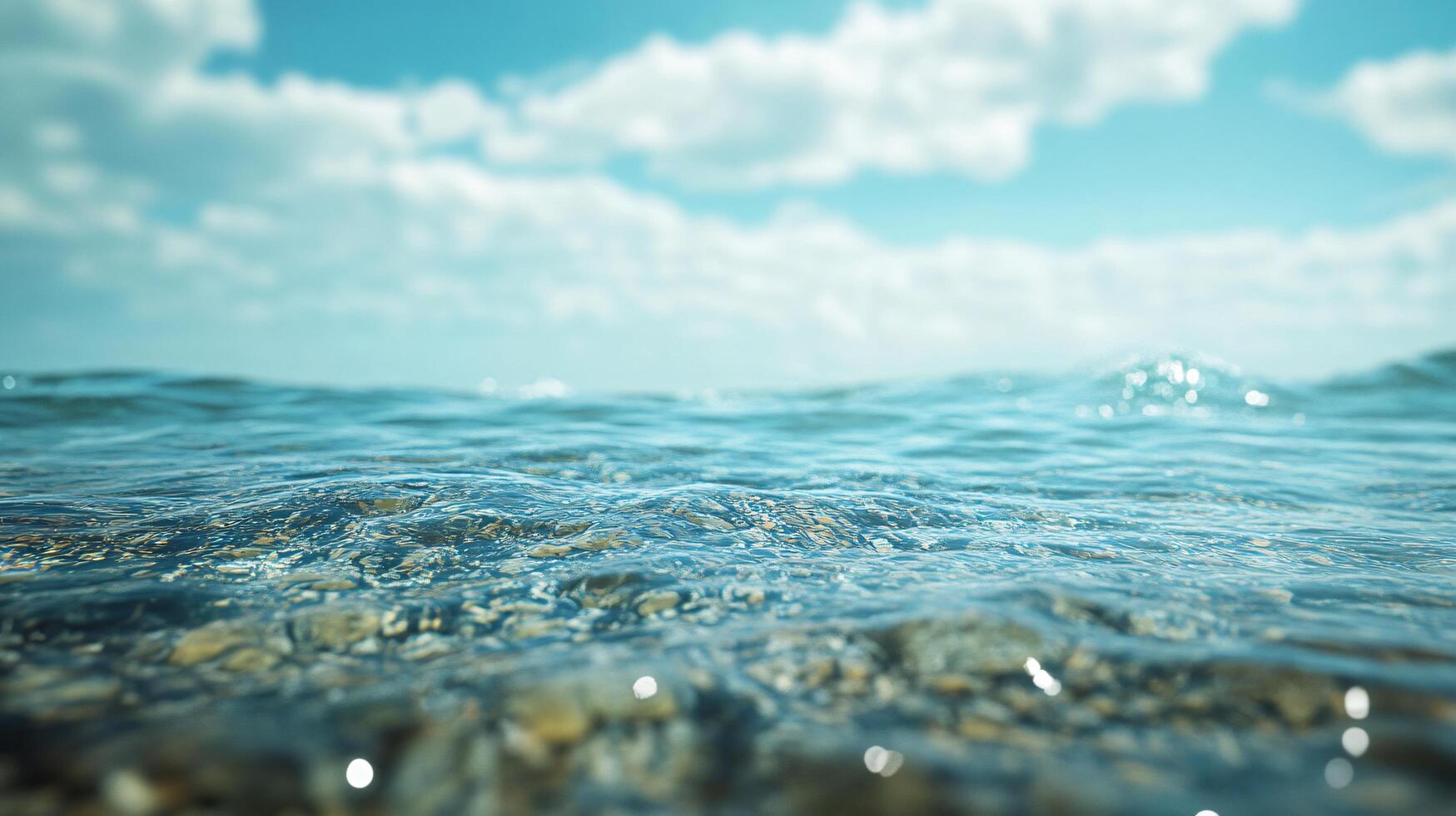 The water is calm and clear, with a few rocks scattered throughout photo
