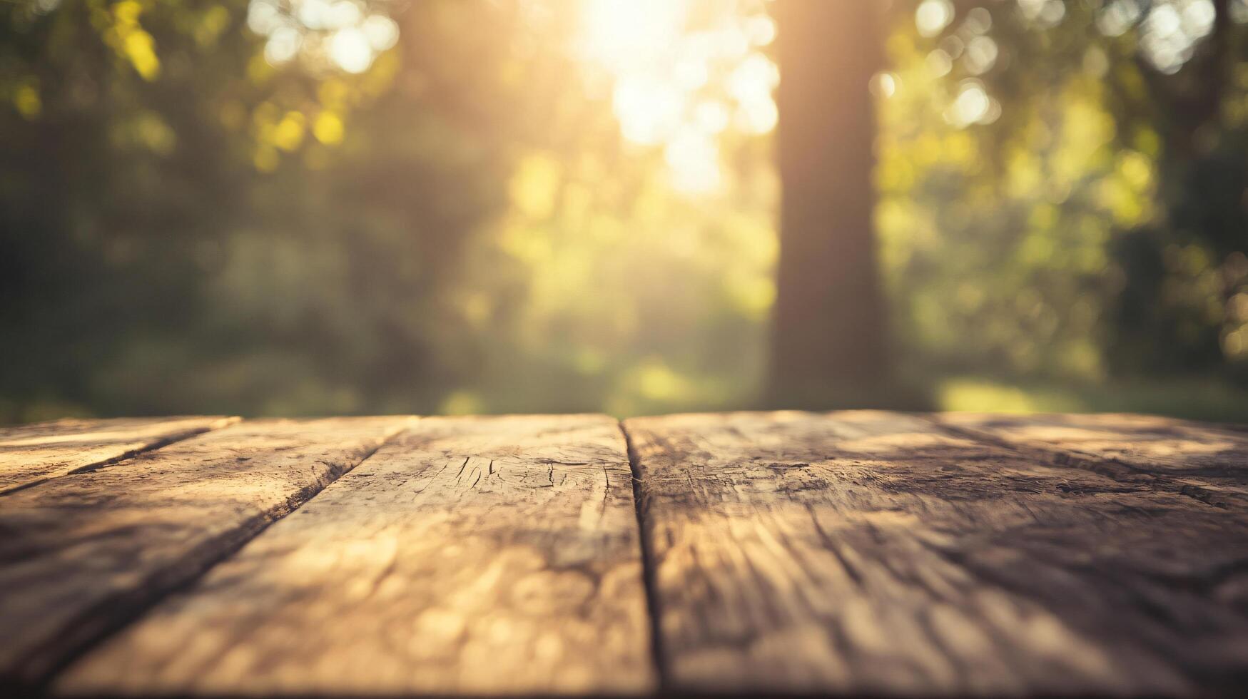 A wooden table with a view of trees and a bright sun photo