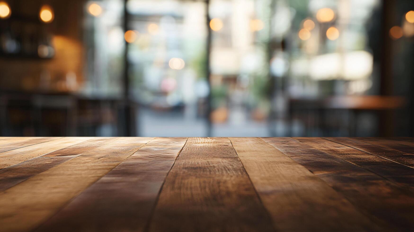A wooden table with a view of a busy street photo