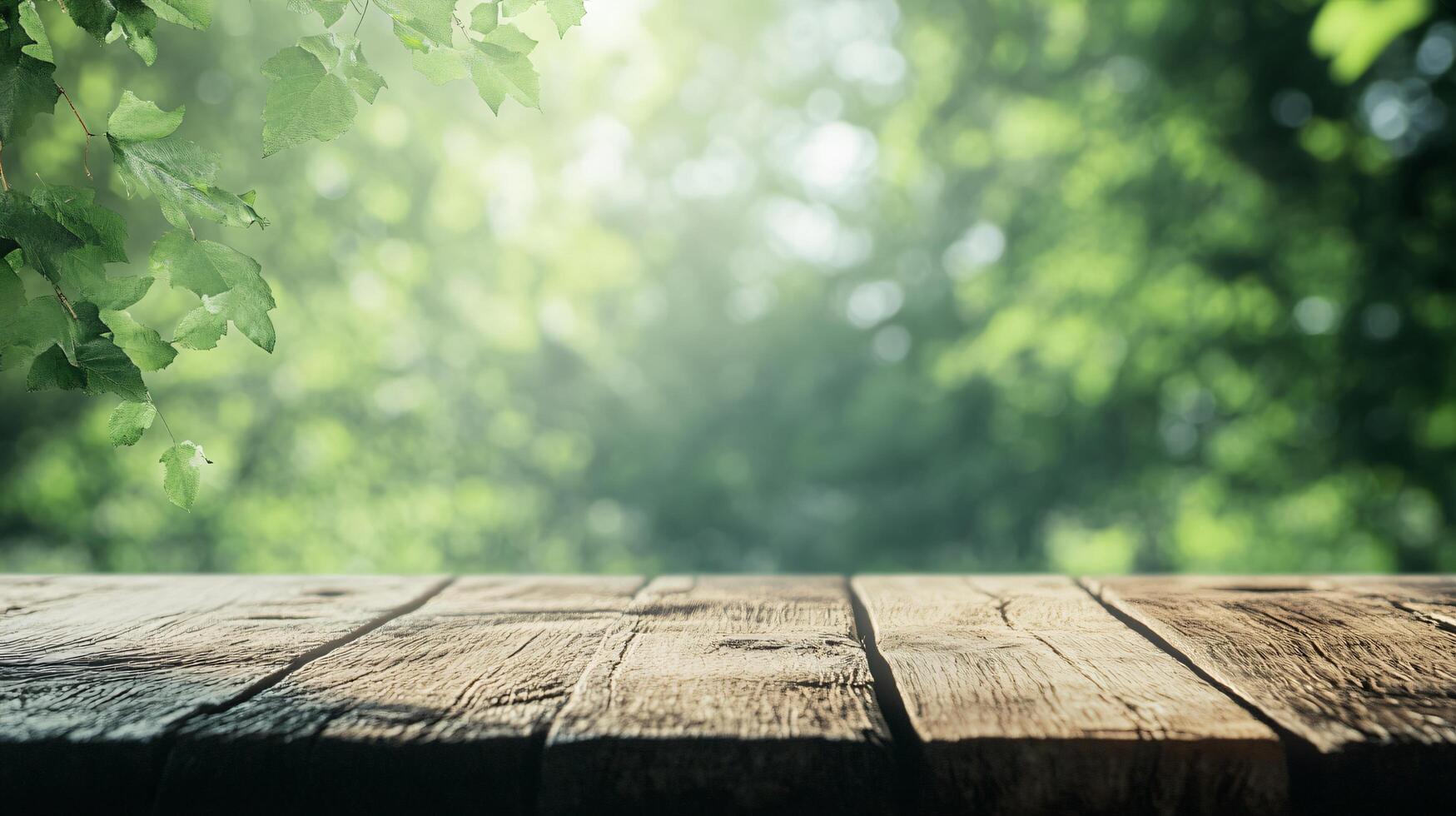 A wooden table with a view of trees and leaves photo