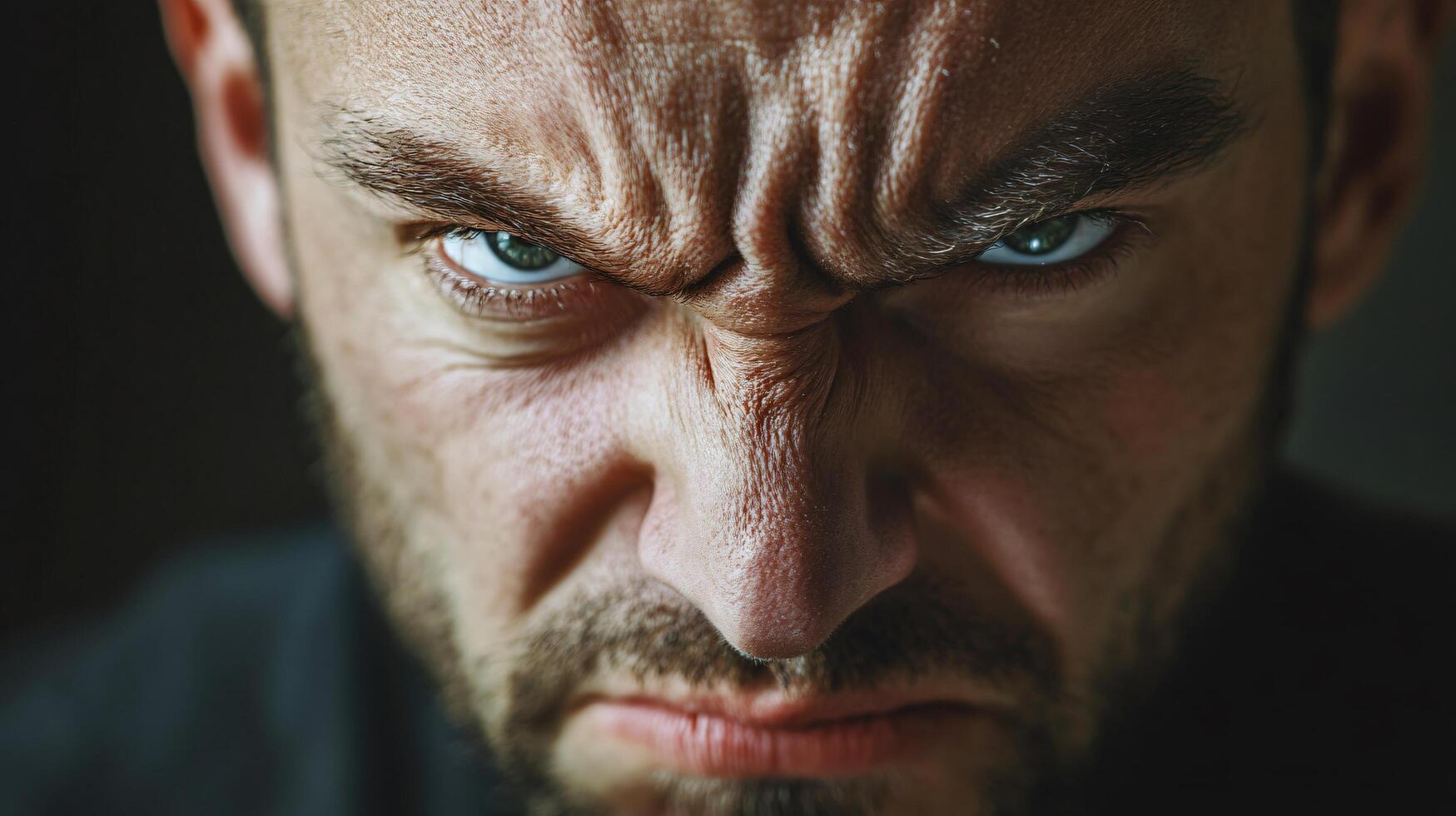 A man with a scowl on his face and a green eye photo