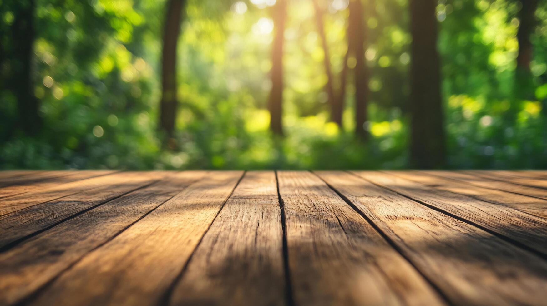 A wooden table with a view of a forest photo