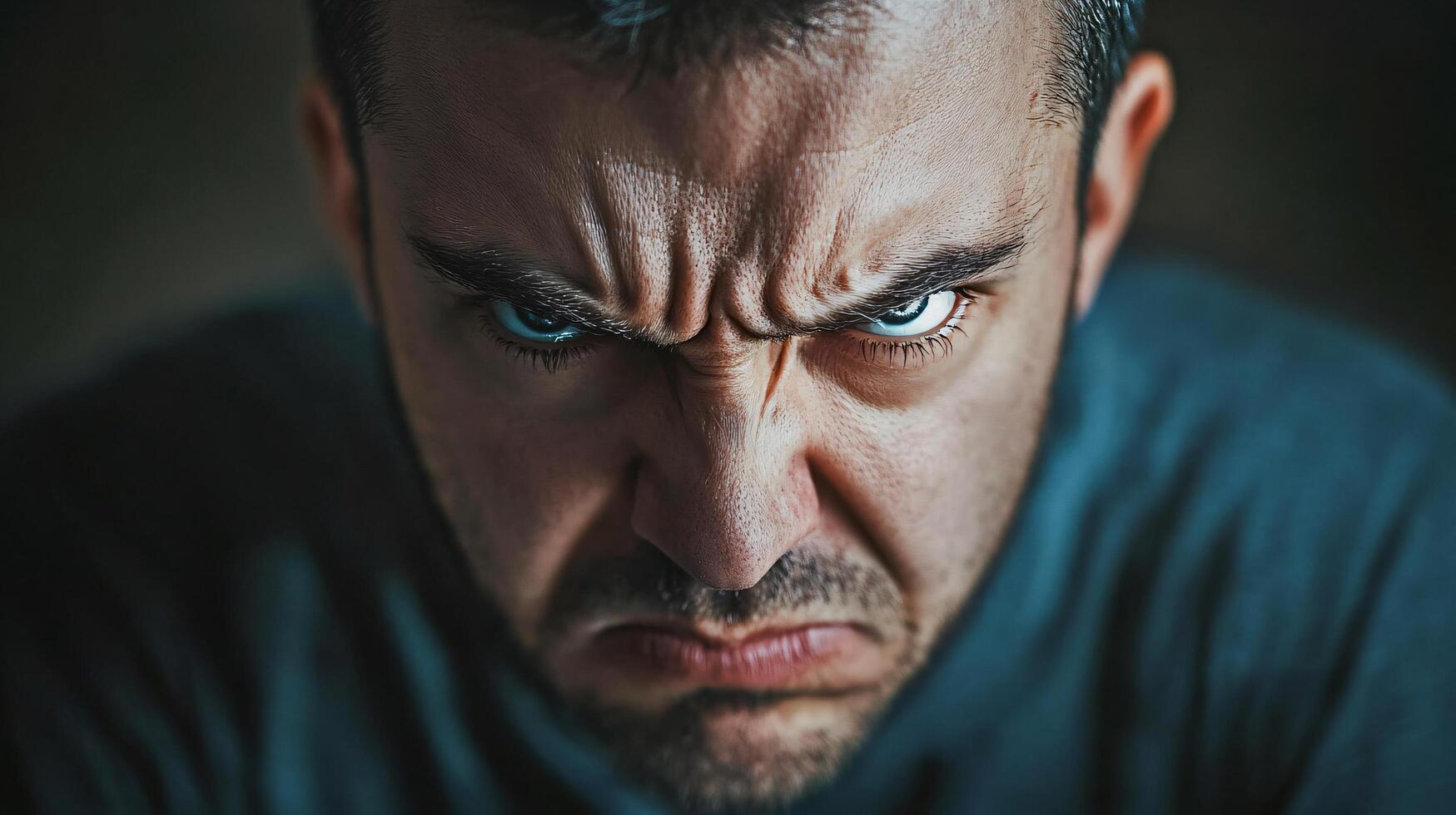 A man with a scowl on his face and blue shirt photo