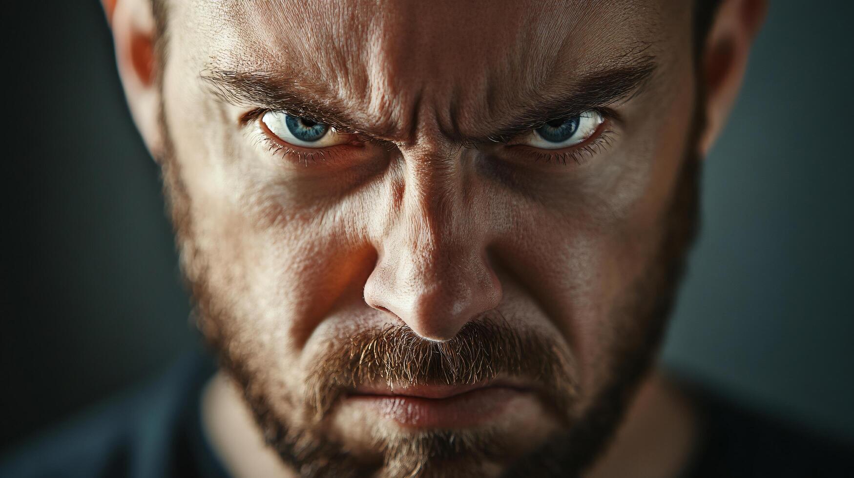 A man with a beard and a blue eye stares at the camera with a scowl on his face photo