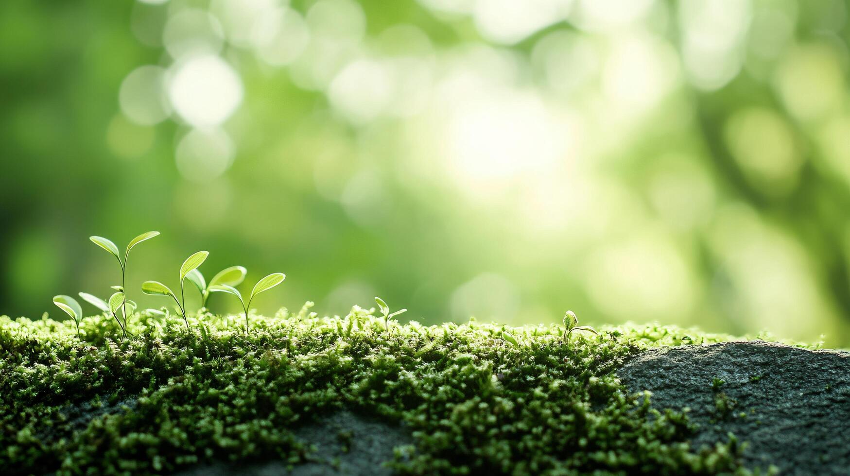 A lush green field with a few plants growing on a rock photo
