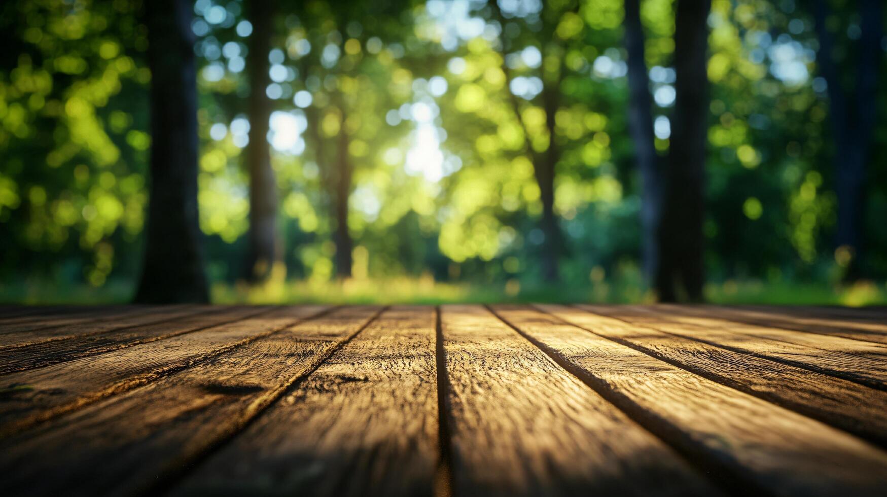 A wooden table with a view of trees and a bright sun photo