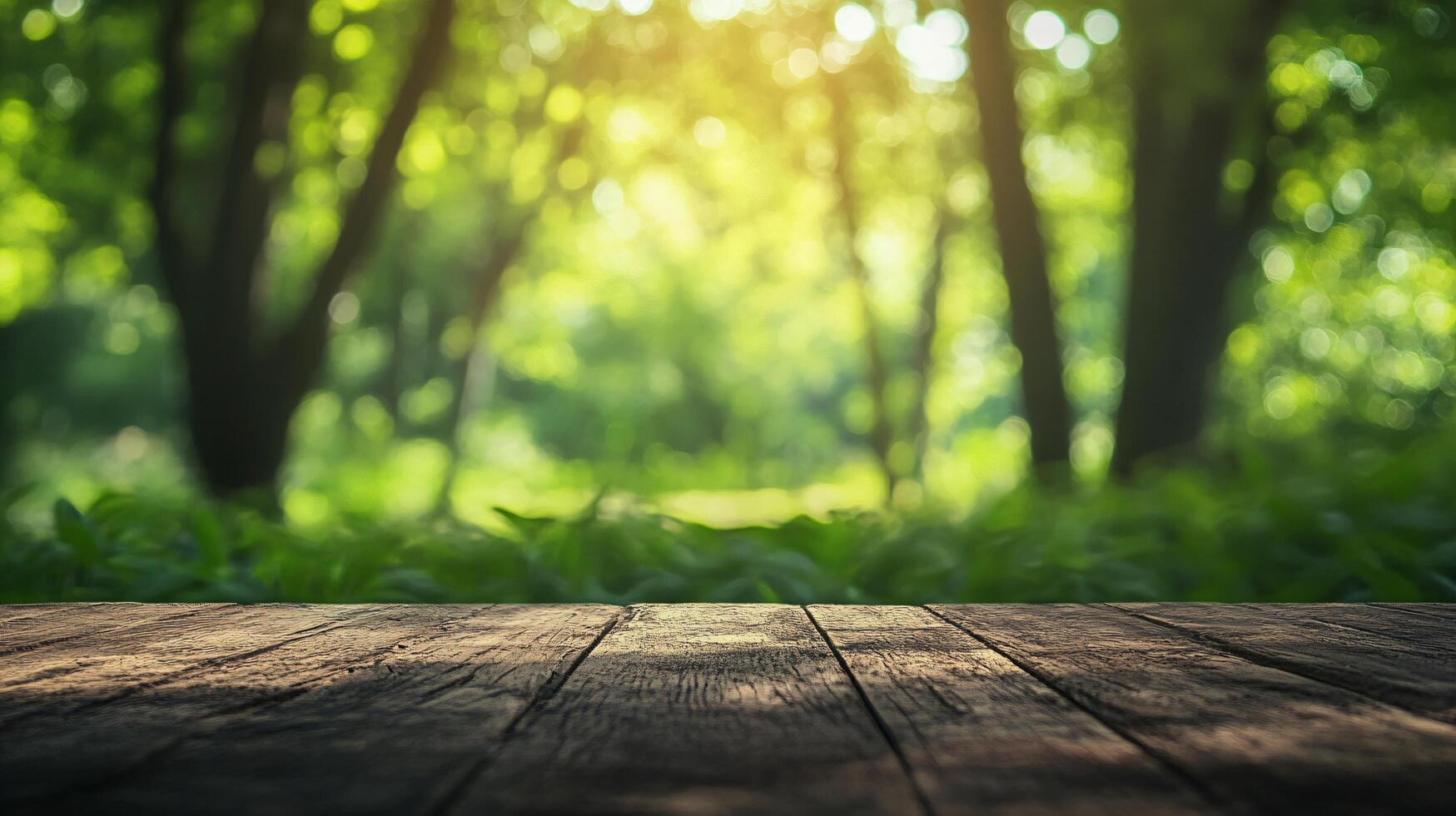 A wooded area with trees and a wooden table photo