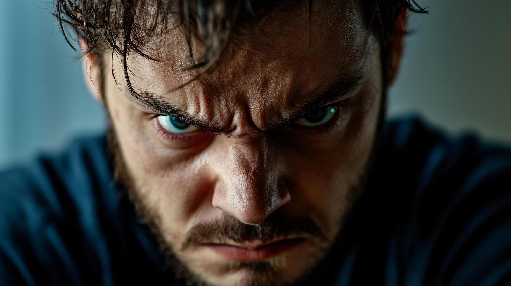 A man with a beard and a blue shirt is looking angry photo