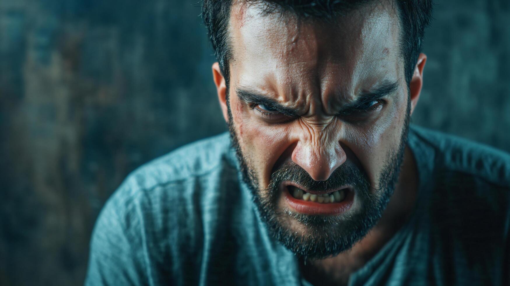 A man with a beard and a red mouth is angry photo